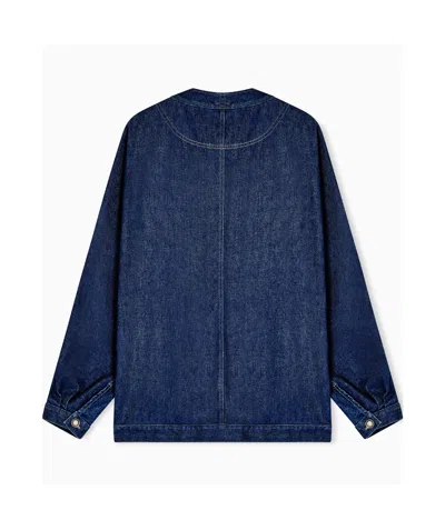Giorgio Armani Indigo Denim V-neck Metallic Button Jacket In Blue