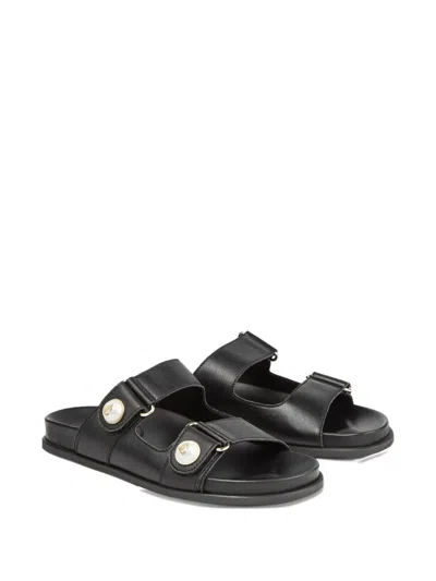 Jimmy Choo Fayence Leather-trimmed Faux Pearl-embellished Mesh Slides In Black
