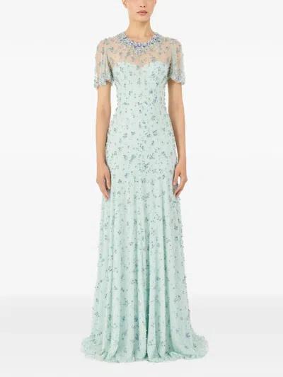 Jenny Packham Beaded Short Sleeve Maxi Dress In Blue