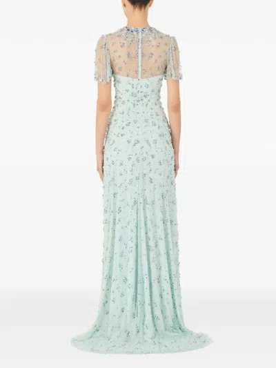 Jenny Packham Beaded Short Sleeve Maxi Dress In Blue