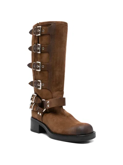 Gisel Moire Buckle-strap Boots In Brown