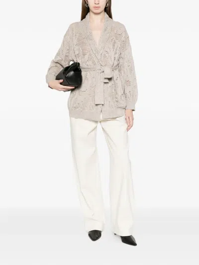 Brunello Cucinelli Tie Waist Open Knit Cardigan In Neutral