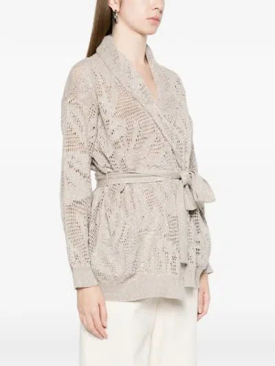 Brunello Cucinelli Tie Waist Open Knit Cardigan In Neutral