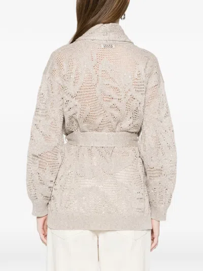 Brunello Cucinelli Tie Waist Open Knit Cardigan In Neutral