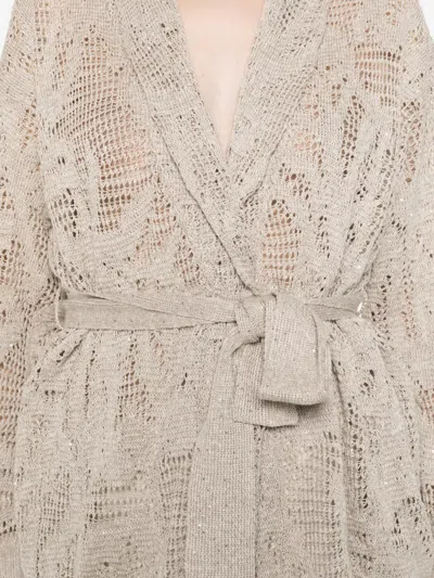 Brunello Cucinelli Tie Waist Open Knit Cardigan In Neutral