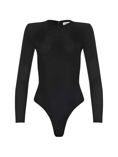 L'agence Trista Shoulder Pad Thong Bodysuit Black