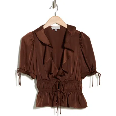 Wayf Ruffle Tie Front Top In Brown