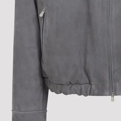 Brunello Cucinelli Suede Jacket Collared Design Elasticated Hem Pockets In Gray