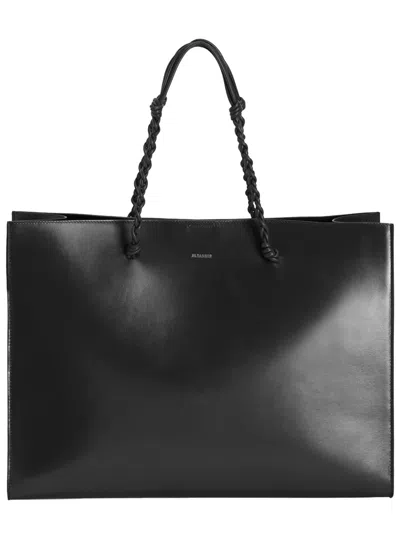 Jil Sander Tangle Knotted Handle Embossed Logo Tote In Black