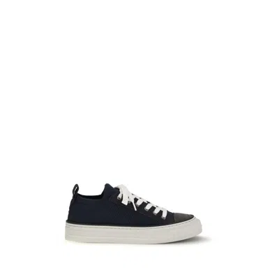Brunello Cucinelli Bead-embellished Suede-trimmed Stretch-knit Sneakers In Blue
