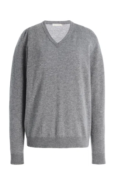 The Row Nian Long Sleeve Top Ribbed V Neckline In Gray