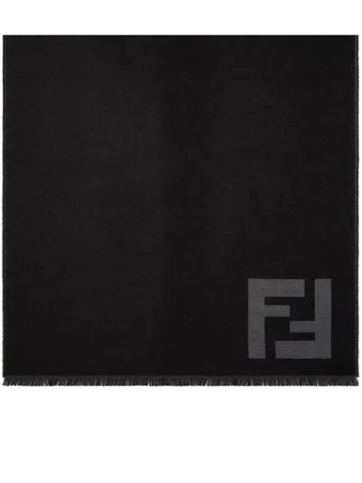 Fendi Ff Logo Scarf Rectangular Shape Fringed Edges In Black