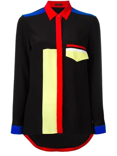 Versace Colour-block Silk Long Sleeve Shirt In Black