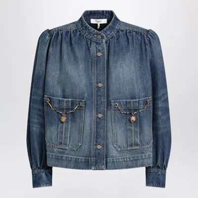 Chloé Blue Jacket With High Neck And Chain Detail On The Front In Denim Woman