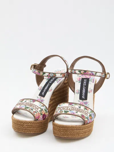 Dolce & Gabbana Leather-trimmed Embroidered Canvas Platform Wedge Sandals In Brown