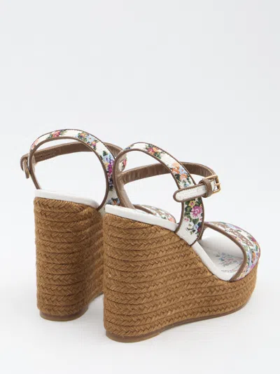 Dolce & Gabbana Leather-trimmed Embroidered Canvas Platform Wedge Sandals In Brown