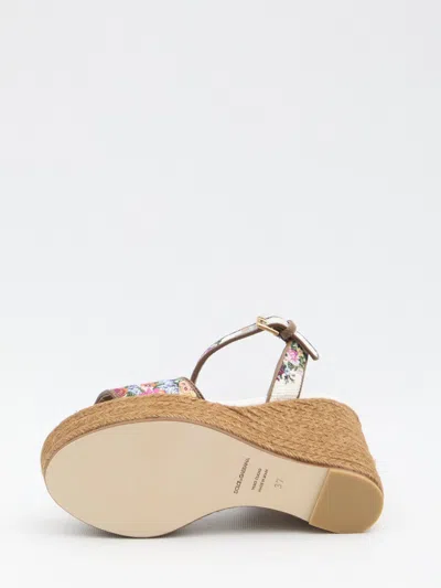 Dolce & Gabbana Leather-trimmed Embroidered Canvas Platform Wedge Sandals In Brown