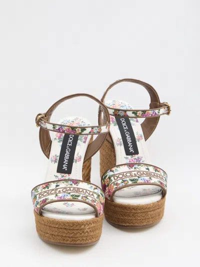 Dolce & Gabbana Leather-trimmed Embroidered Canvas Platform Wedge Sandals In Brown