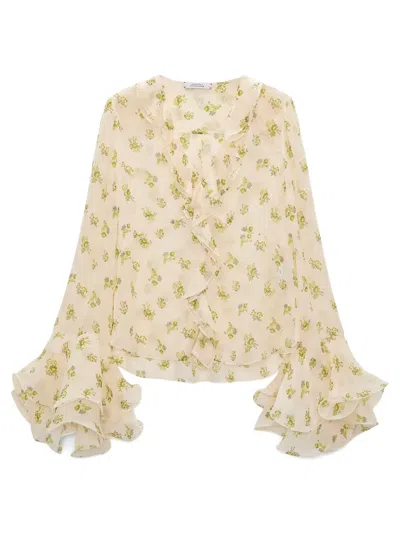Dorothee Schumacher Printed Georgette Blouse With Ruffle Cuffs In Neutral