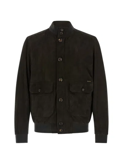 Moorer Brown Solid Mandarin Collar Jacket In Black