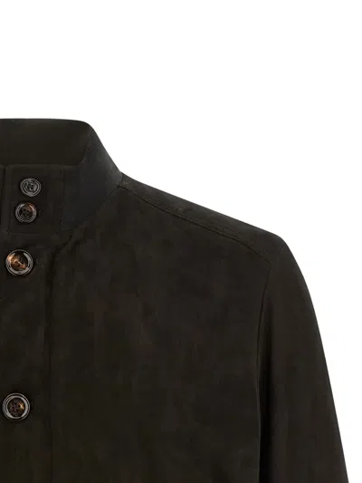 Moorer Brown Solid Mandarin Collar Jacket In Black
