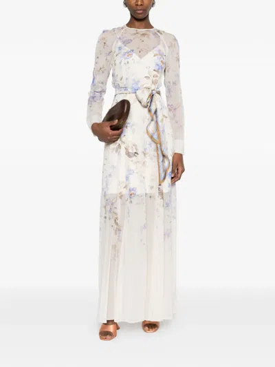 Zimmermann Luna Belted Printed Silk Satin-trimmed Chiffon Maxi Dress In Multi