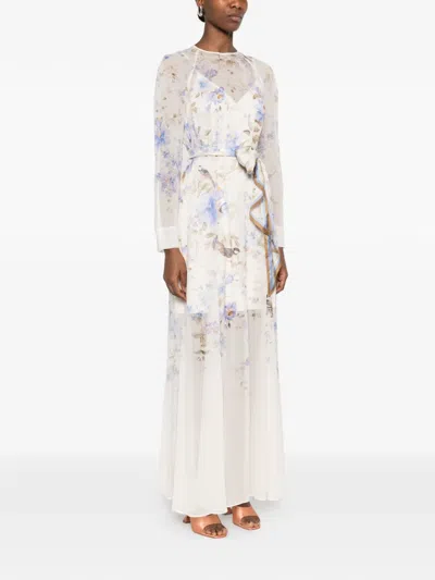 Zimmermann Luna Belted Printed Silk Satin-trimmed Chiffon Maxi Dress In Multi
