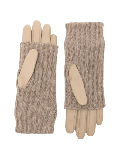 Loewe Leather And Ribbed Cashmere Gloves In Neutral