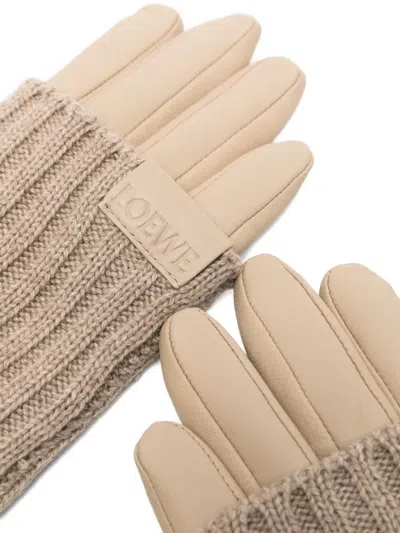 Loewe Leather And Ribbed Cashmere Gloves In Neutral