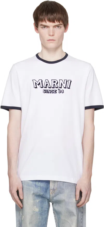 Marni Crew Neck T-shirt With Front Logo And Ribbed Accents In White