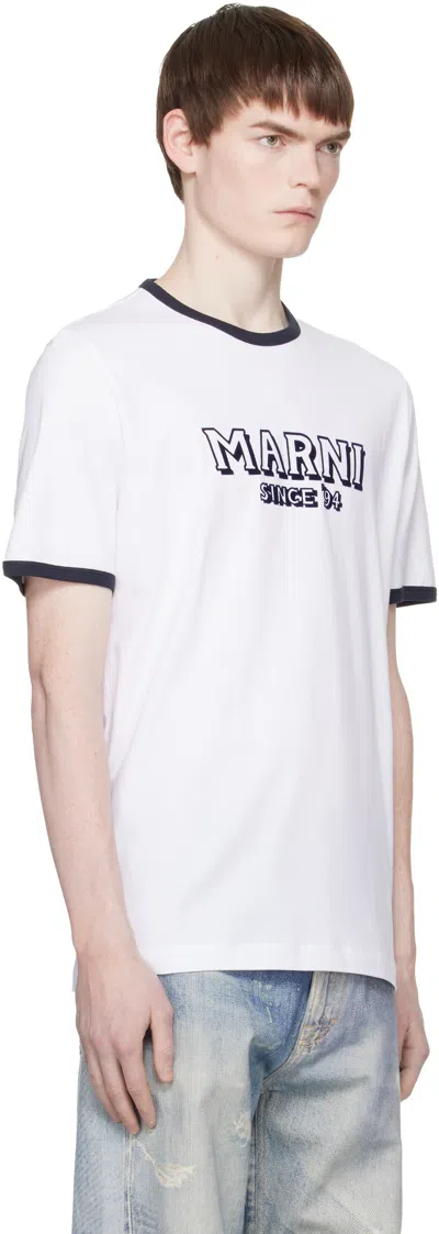 Marni Crew Neck T-shirt With Front Logo And Ribbed Accents In White