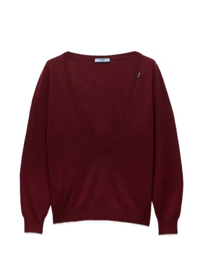 Prada Pullover Aus Kaschmir Mit V-ausschnitt In Red