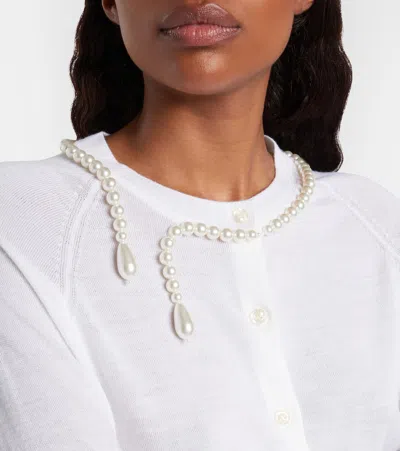 Simone Rocha Merino Silk Cardigan With Embroidered Pearl Neckline In White