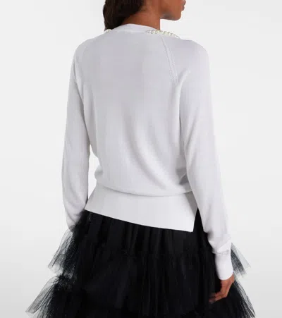Simone Rocha Merino Silk Cardigan With Embroidered Pearl Neckline In White
