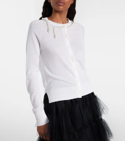 Simone Rocha Merino Silk Cardigan With Embroidered Pearl Neckline In White