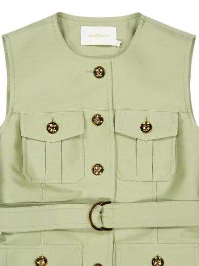 Zimmermann Luna Belted Wool And Silk-blend Vest In Green