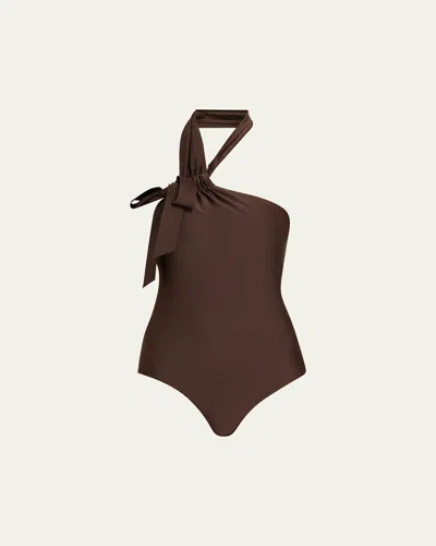 Zimmermann Awaken Asymmetric Halter One-piece Swimsuit In Brown