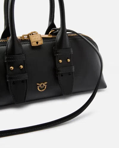 Pinko Bowling Bag Horizontal Black Handbag With Adjustable And Removable Shoulder Strap And Padlock Detail
