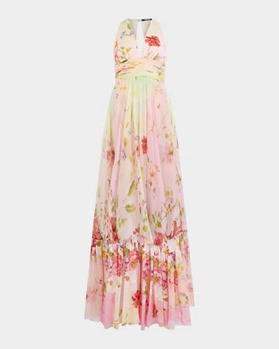 Roberto Cavalli Long Chiffon Dress With Miami Flowers Print In Pink