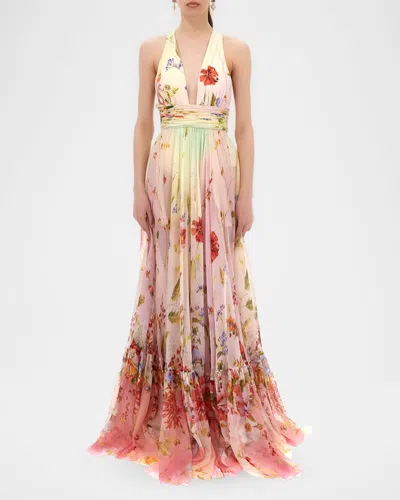 Roberto Cavalli Long Chiffon Dress With Miami Flowers Print In Pink