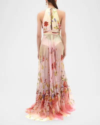 Roberto Cavalli Long Chiffon Dress With Miami Flowers Print In Pink