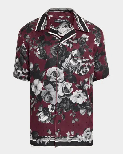 Dolce & Gabbana Bouquet Fiori Short Sleeve Notched Collar Shirt In Red