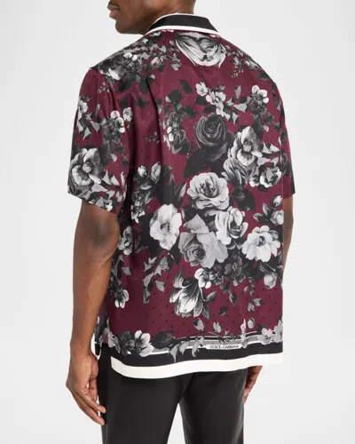 Dolce & Gabbana Bouquet Fiori Short Sleeve Notched Collar Shirt In Red