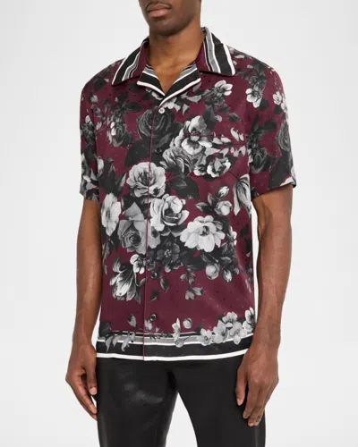 Dolce & Gabbana Bouquet Fiori Short Sleeve Notched Collar Shirt In Red