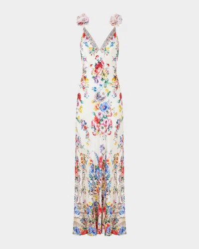 Camilla V Neck Bias Slip Dress With Back Frill In Multi