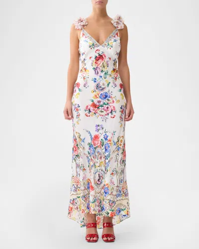 Camilla V Neck Bias Slip Dress With Back Frill In Multi
