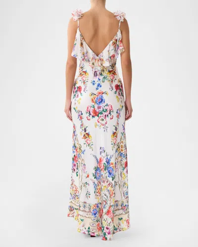 Camilla V Neck Bias Slip Dress With Back Frill In Multi