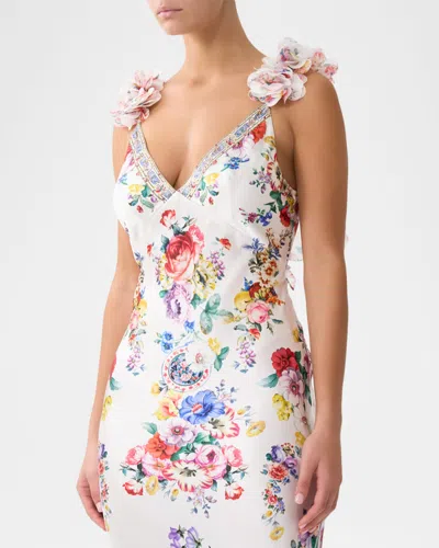 Camilla V Neck Bias Slip Dress With Back Frill In Multi