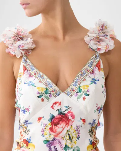 Camilla V Neck Bias Slip Dress With Back Frill In Multi