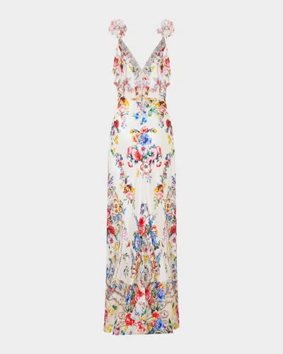 Camilla V Neck Bias Slip Dress With Back Frill In Multi